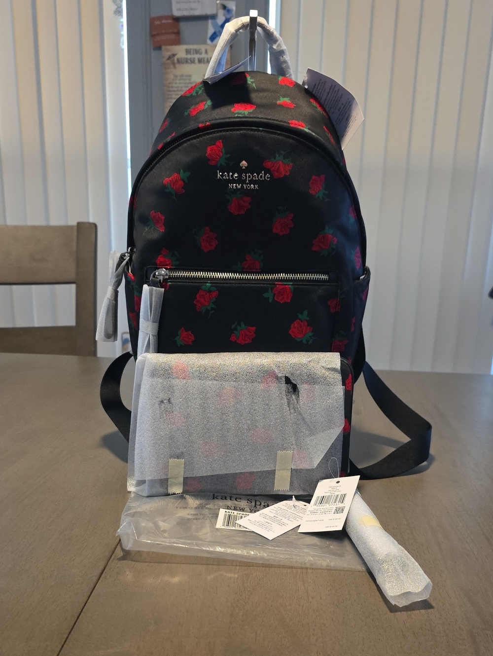 NWT kate spade Black Backpack w/ Red Rose Print & matching Wristlet